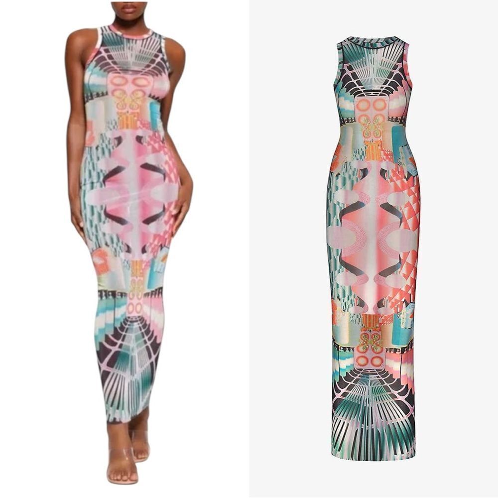 NEW SKIMS SUMMER MESH SLEEVELESS DRESS IN DECO TRAIN